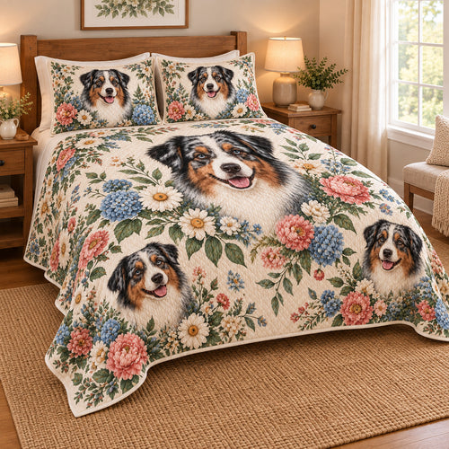 Australian Shepherd Cottage Floral Quilt Set, low side-angle bedroom view
