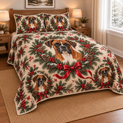 Boxer Christmas Wreath Quilt Set, low side-angle bedroom view