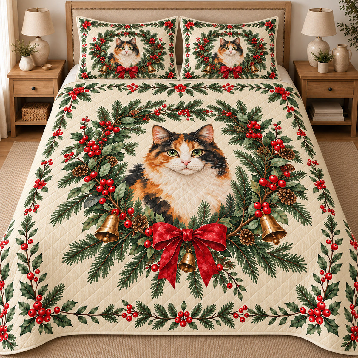 Calico Cat Christmas Wreath Quilt Set, matching mockup detail view