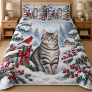 Gray Tabby Cat Snowy Watercolor Christmas Quilt Set, matching mockup detail view