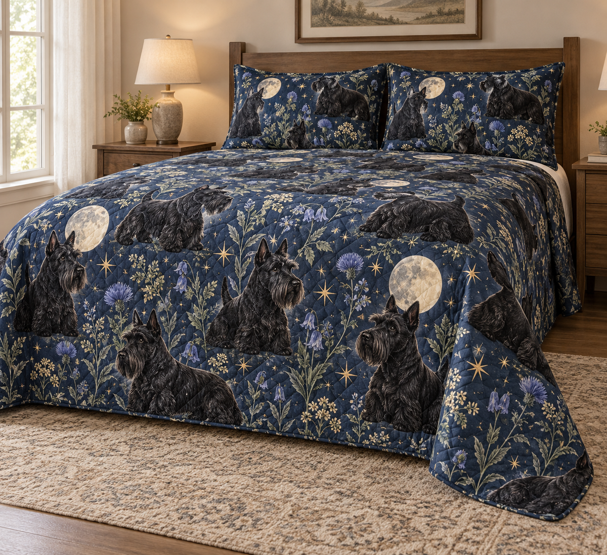 Scottish Terrier Celestial Night Quilt Set, low side-angle bedroom view