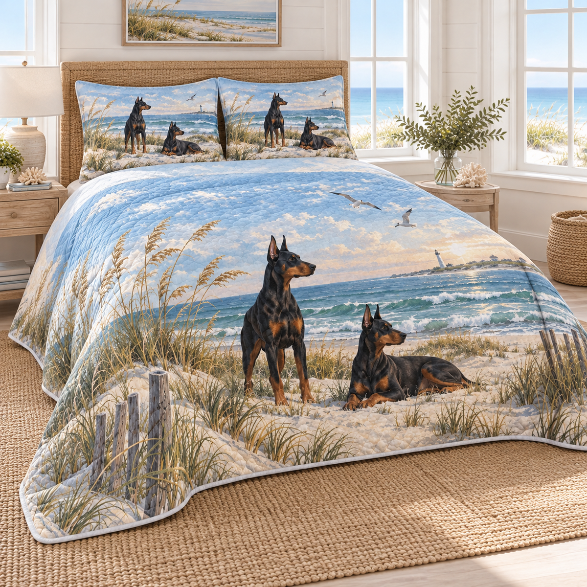 Doberman Pinscher Coastal Morning Quilt Set, low side-angle bedroom view