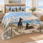 Doberman Pinscher Coastal Morning Quilt Set, low side-angle bedroom view