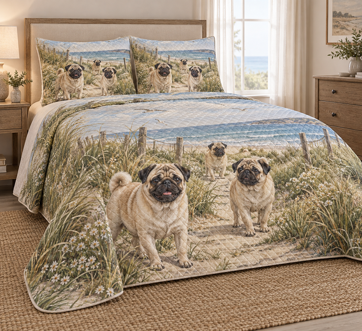 Pug Coastal Morning Quilt Set, low side-angle bedroom view