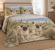 Pug Coastal Morning Quilt Set, low side-angle bedroom view