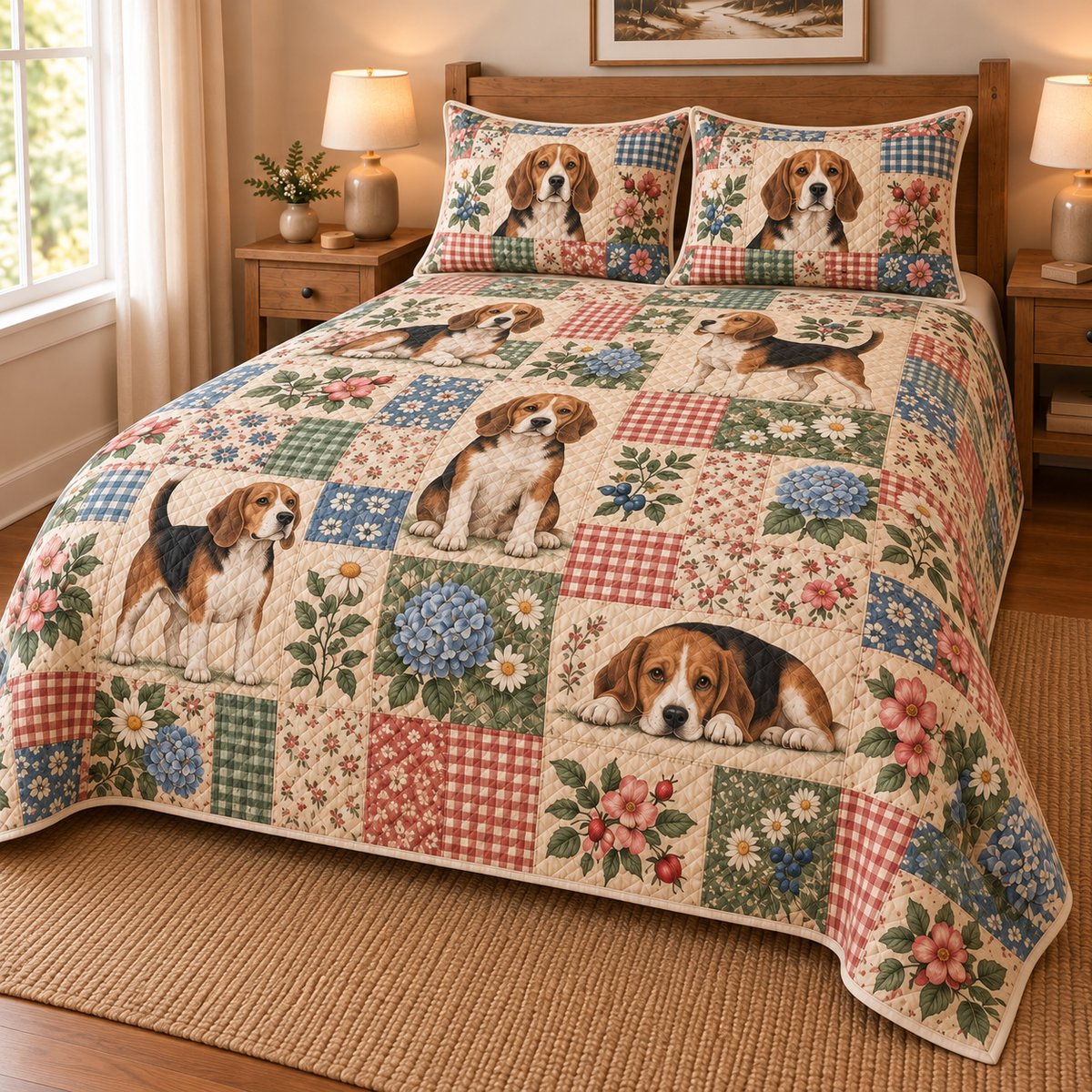 Beagle Heritage Patchwork Quilt Set, low side-angle bedroom view