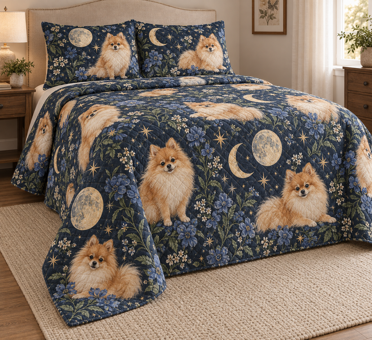 Pomeranian Celestial Night Quilt Set, low side-angle bedroom view