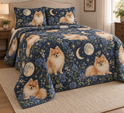 Pomeranian Celestial Night Quilt Set, low side-angle bedroom view