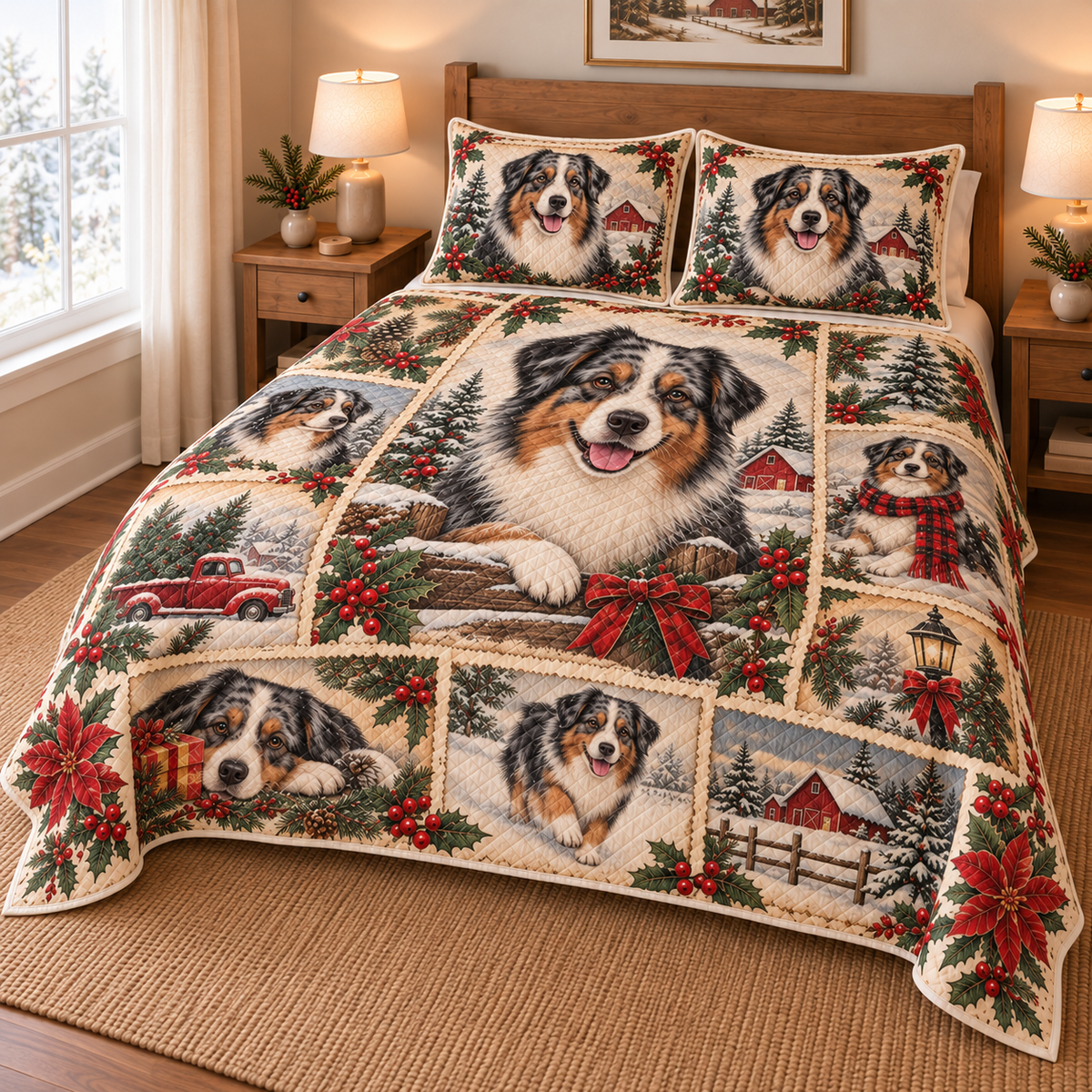 Australian Shepherd Vintage Christmas Postcards Quilt Set, low side-angle bedroom view