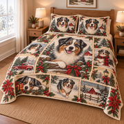 Australian Shepherd Vintage Christmas Postcards Quilt Set, low side-angle bedroom view