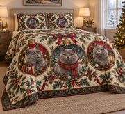 British Shorthair Cat Ornament Medallions Christmas Quilt Set, low side-angle bedroom view