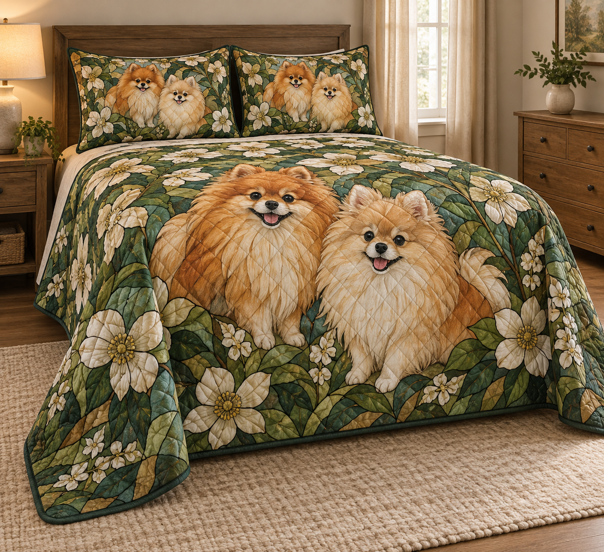 Pomeranian Garden Stained Glass Quilt Set, low side-angle bedroom view