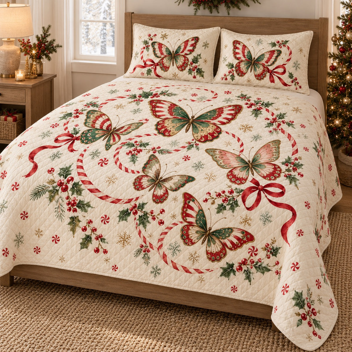 Peppermint Flight Butterfly Christmas Quilt Set, angled butterfly bedroom view