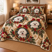 Bichon Frise Ornament Medallions Christmas Quilt Set, low side-angle bedroom view