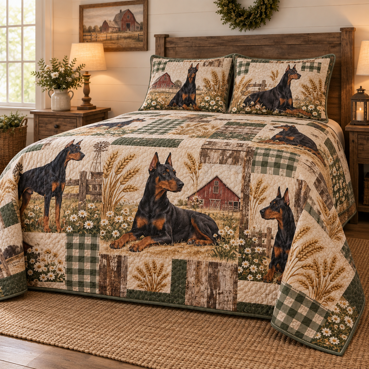 Doberman Pinscher Rustic Farmhouse Quilt Set, low side-angle bedroom view