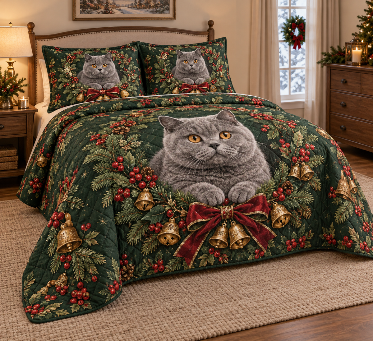 British Shorthair Cat Christmas Wreath Quilt Set, low side-angle bedroom view