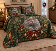 British Shorthair Cat Christmas Wreath Quilt Set, low side-angle bedroom view