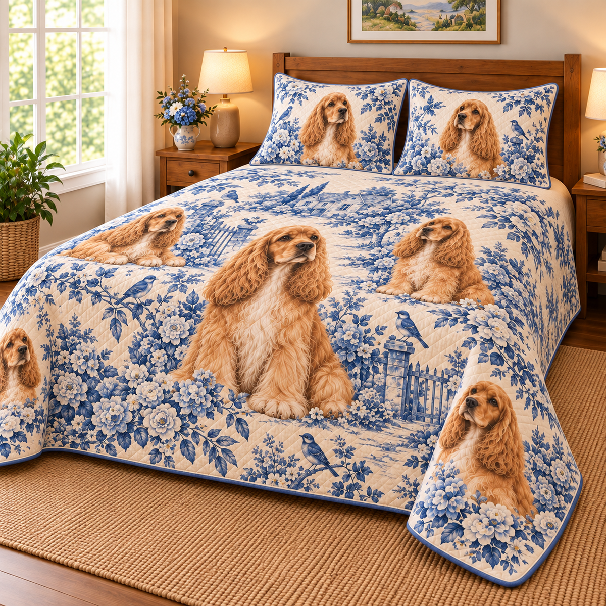 Cocker Spaniel Blue Country Toile Quilt Set, low side-angle bedroom view