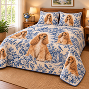 Cocker Spaniel Blue Country Toile Quilt Set, low side-angle bedroom view
