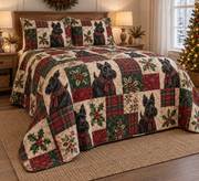 Scottish Terrier Heritage Tartan Christmas Quilt Set, low side-angle bedroom view