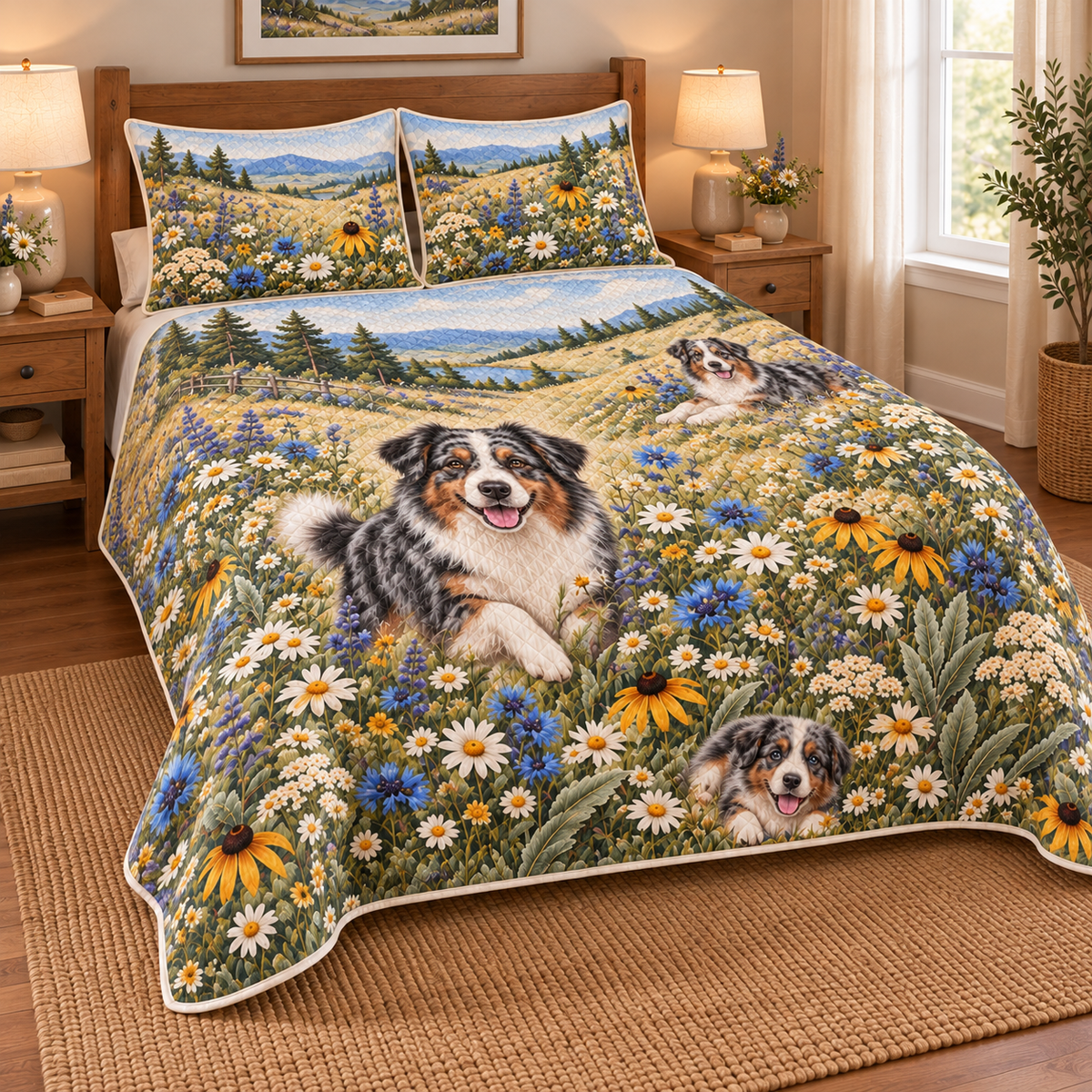Australian Shepherd Wildflower Meadow Quilt Set, low side-angle bedroom view