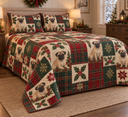 Pug Heritage Tartan Christmas Quilt Set, low side-angle bedroom view