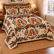 Cocker Spaniel Ornament Medallions Christmas Quilt Set, low side-angle bedroom view