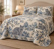 British Shorthair Cat Blue Country Toile Quilt Set, low side-angle bedroom view