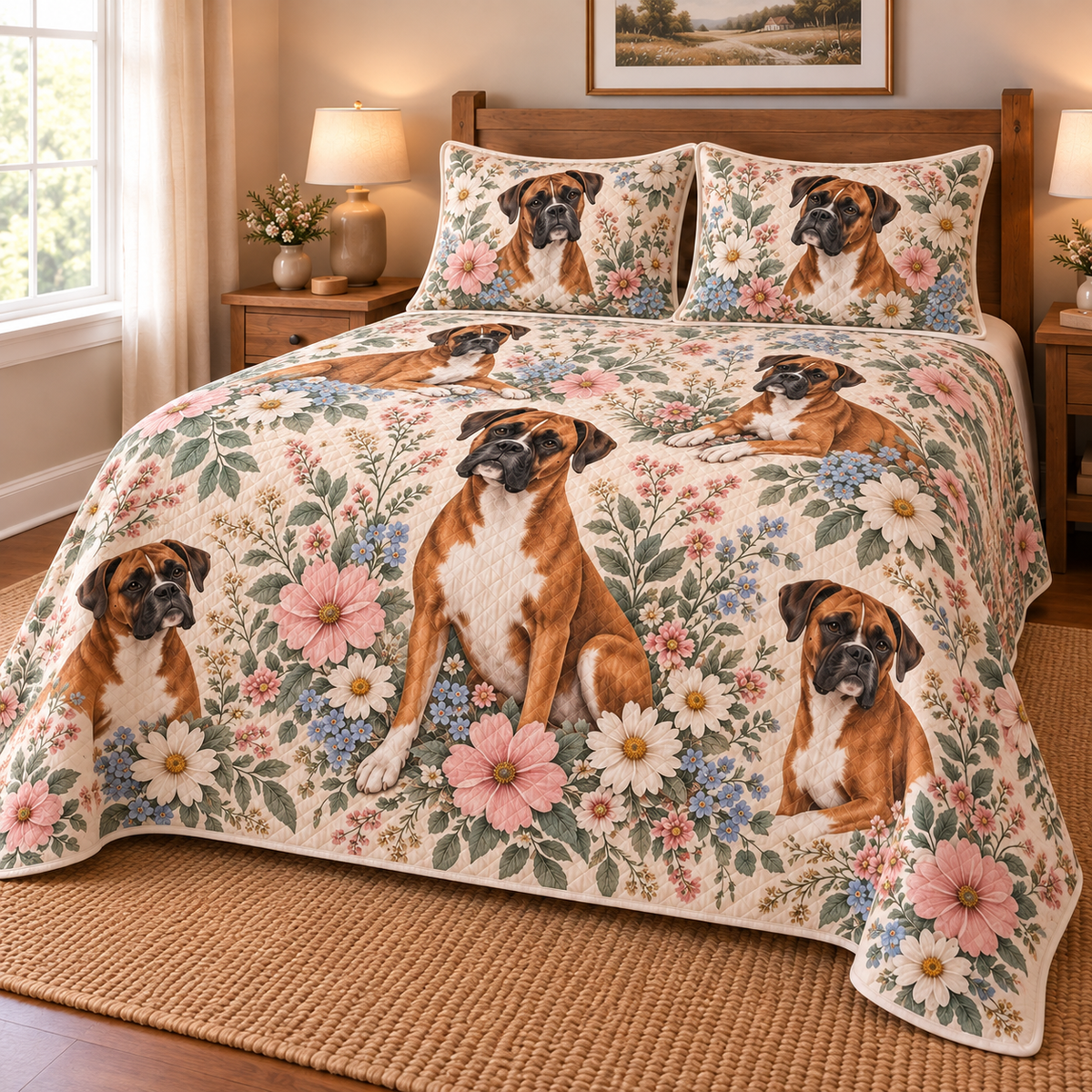 Boxer Cottage Floral Quilt Set, low side-angle bedroom view