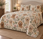 Labradoodle Cottage Floral Quilt Set, low side-angle bedroom view