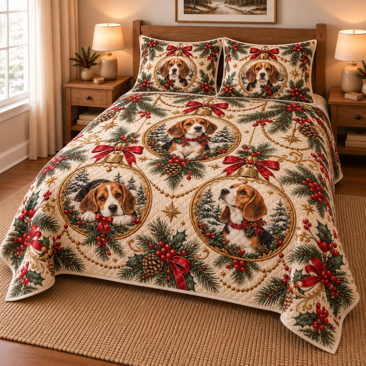 Beagle Ornament Medallions Christmas Quilt Set, low side-angle bedroom view