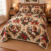 Beagle Ornament Medallions Christmas Quilt Set, low side-angle bedroom view