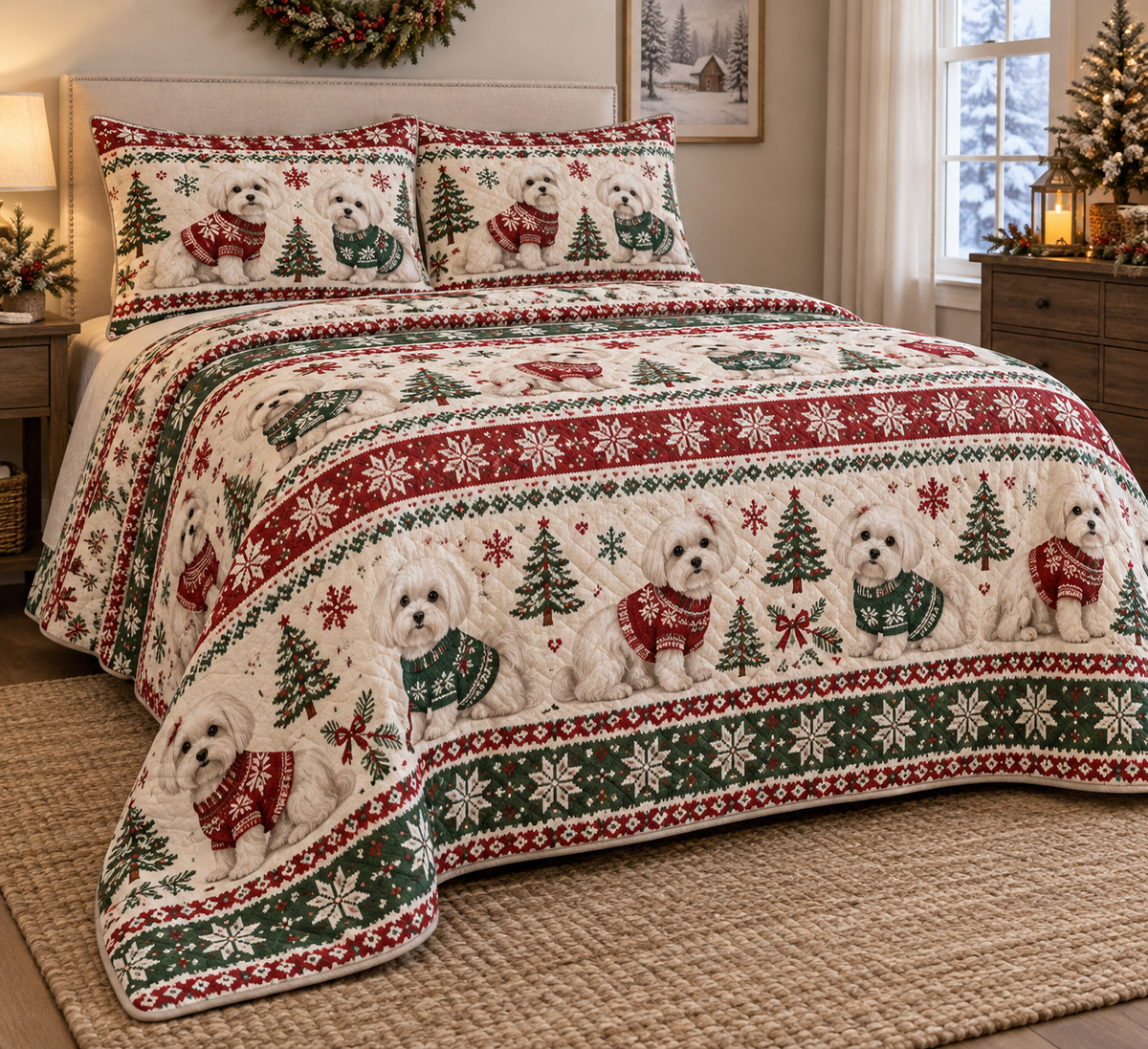 Maltese Cozy Sweater Christmas Quilt Set, low side-angle bedroom view