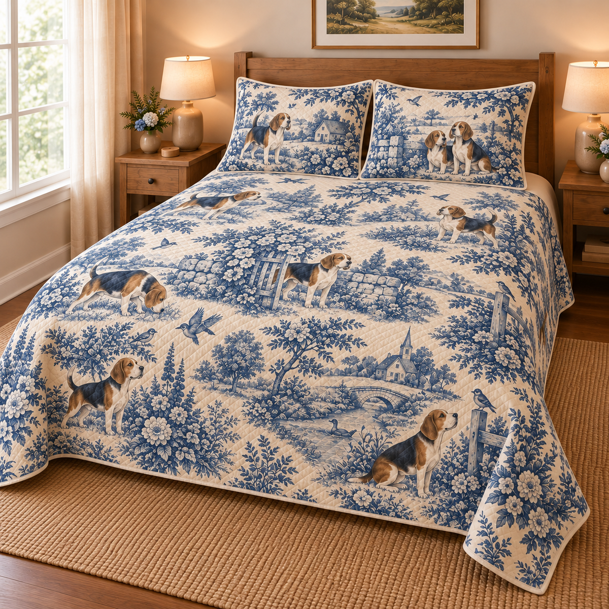 Beagle Blue Country Toile Quilt Set, low side-angle bedroom view
