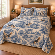 Beagle Blue Country Toile Quilt Set, low side-angle bedroom view