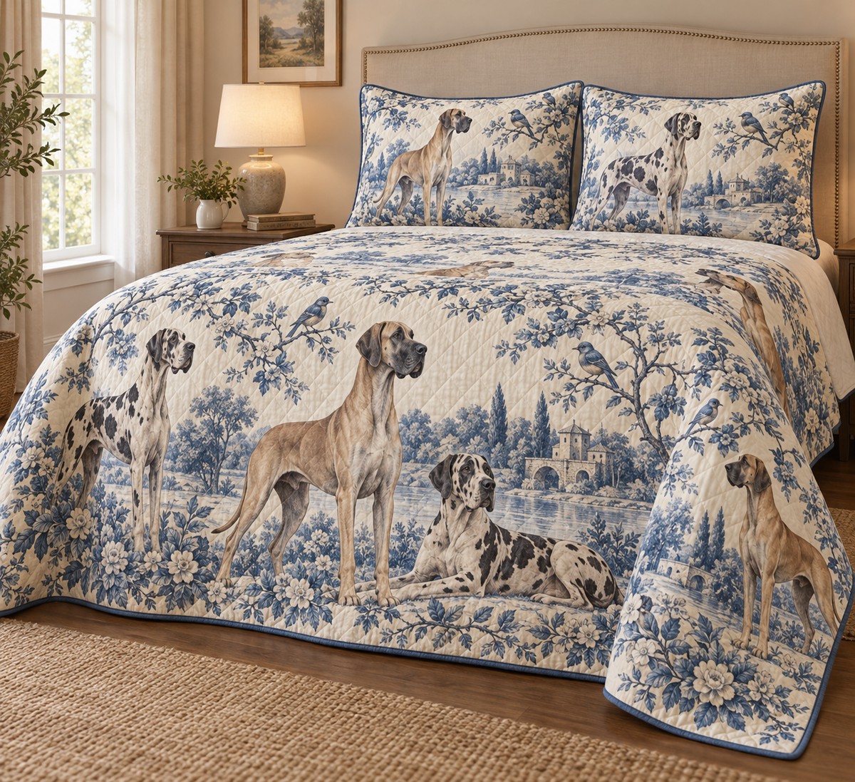 Great Dane Blue Country Toile Quilt Set, low side-angle bedroom view