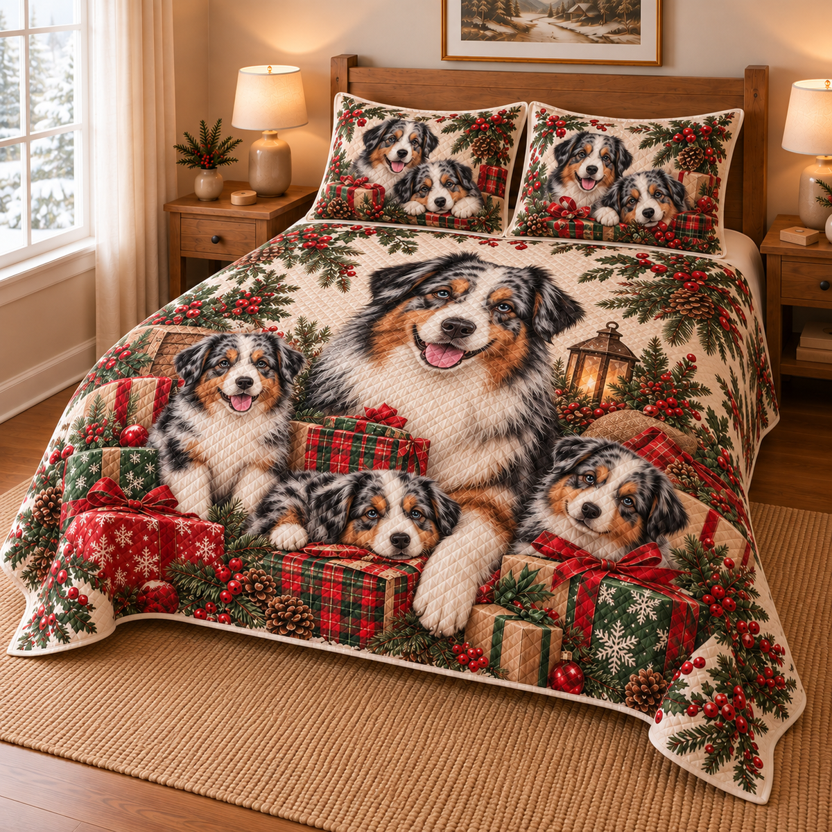 Australian Shepherd Gifts and Puppies Christmas Quilt Set, low side-angle bedroom view