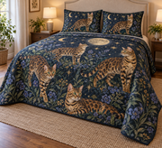 Bengal Cat Celestial Night Quilt Set, low side-angle bedroom view