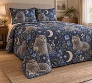British Shorthair Cat Celestial Night Quilt Set, low side-angle bedroom view