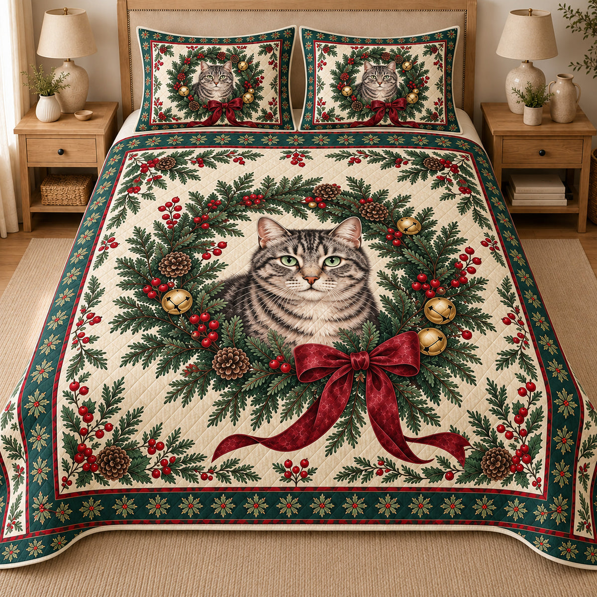 Gray Tabby Cat Christmas Wreath Quilt Set, matching mockup detail view