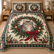 Gray Tabby Cat Christmas Wreath Quilt Set, matching mockup detail view