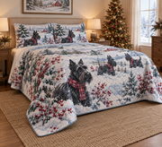 Scottish Terrier Snowy Watercolor Christmas Quilt Set, low side-angle bedroom view