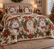 Maltese Ornament Medallions Christmas Quilt Set, low side-angle bedroom view