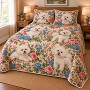 Bichon Frise Cottage Floral Quilt Set, low side-angle bedroom view