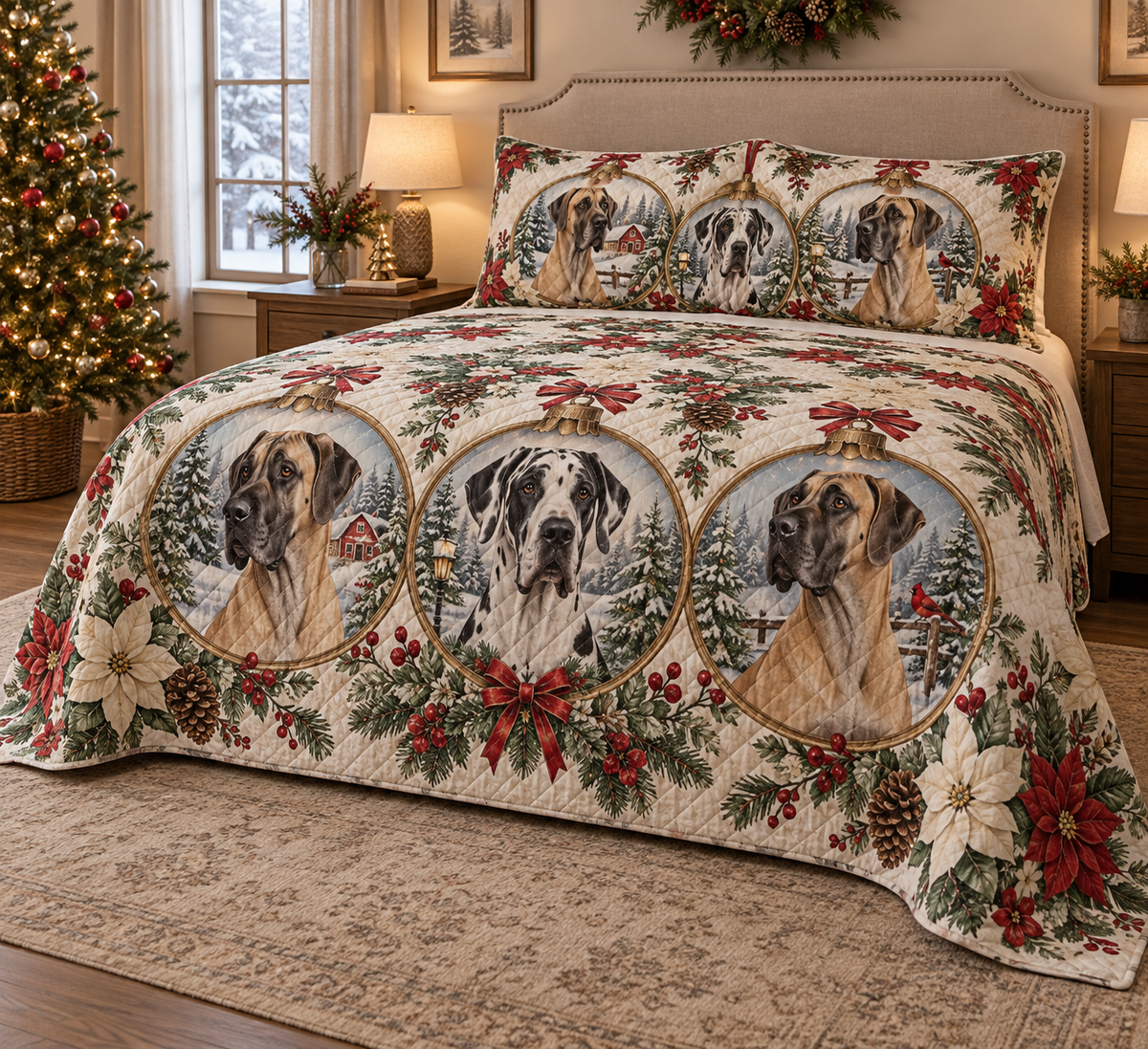 Great Dane Ornament Medallions Christmas Quilt Set, low side-angle bedroom view