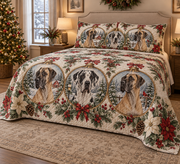 Great Dane Ornament Medallions Christmas Quilt Set, low side-angle bedroom view