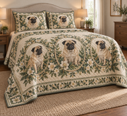 Pug Garden Cameos Quilt Set, low side-angle bedroom view