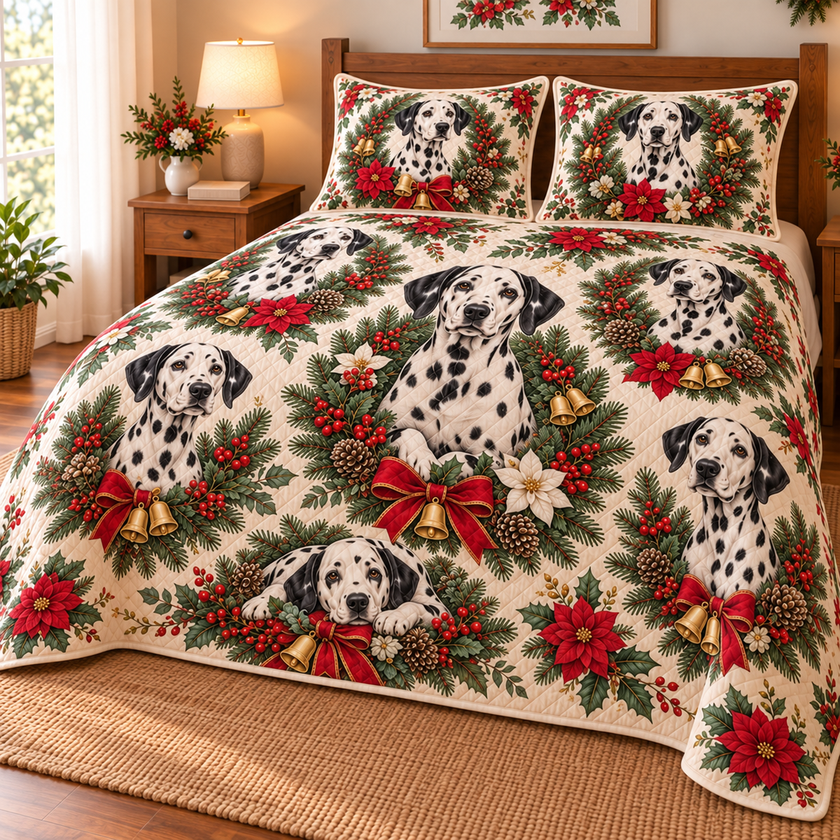 Dalmatian Christmas Wreath Quilt Set, low side-angle bedroom view