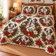 Dalmatian Christmas Wreath Quilt Set, low side-angle bedroom view