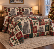 British Shorthair Cat Heritage Tartan Christmas Quilt Set, low side-angle bedroom view